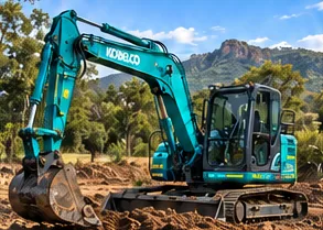 Teal excavator on a cleared bush block