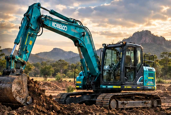 Teal excavator digging into red soil on a cleared site at sunset, with hills behind